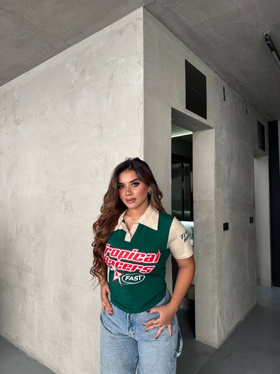 Green x beige top